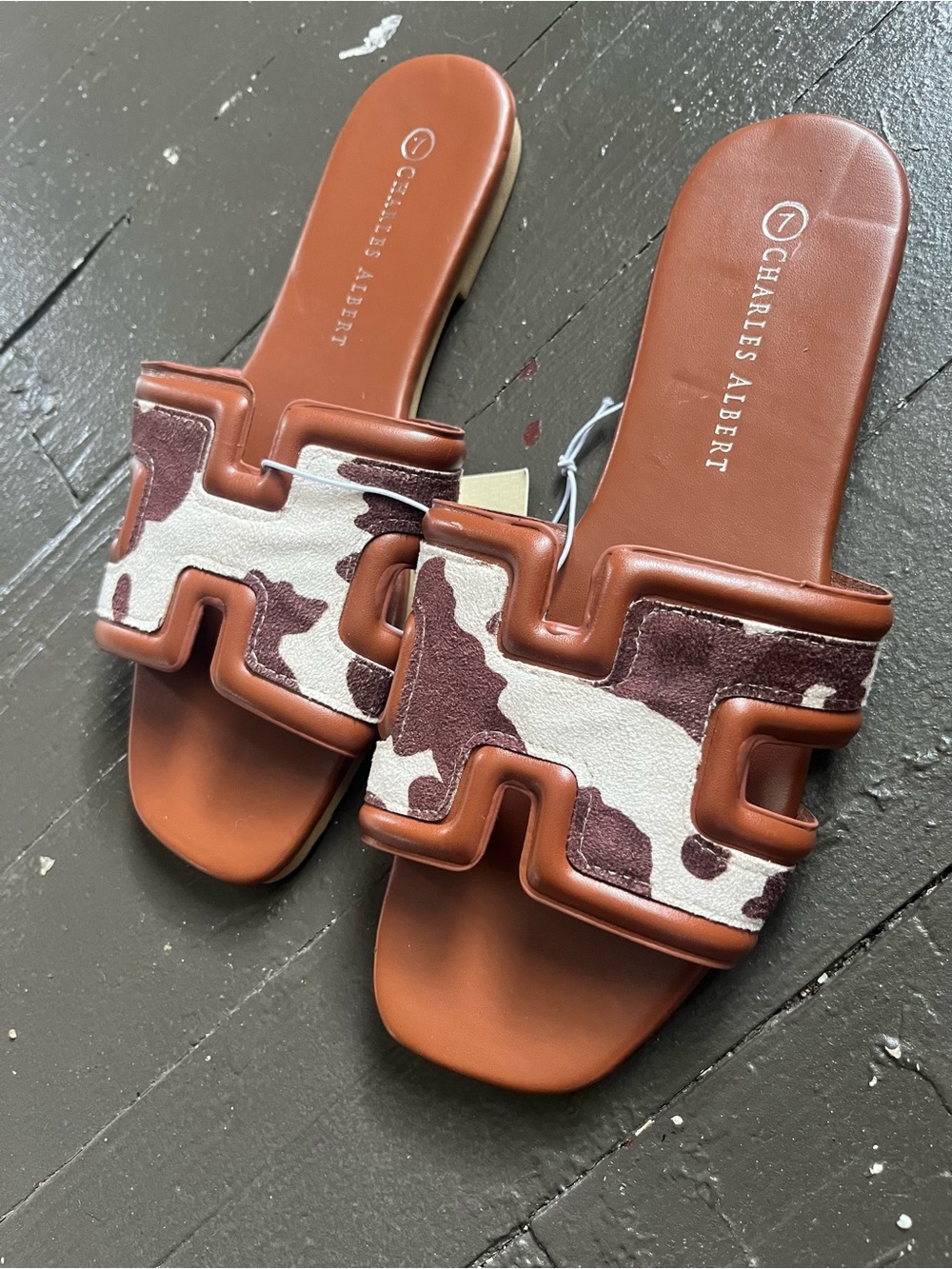 Charles Albert Brown & White Cowhide Slide Sandals with Brown Leather Footbed